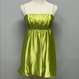 Y2K Lime Green Satin Mini Dress Spaghetti Strap Empire‎ Waist Rhinestone Prom